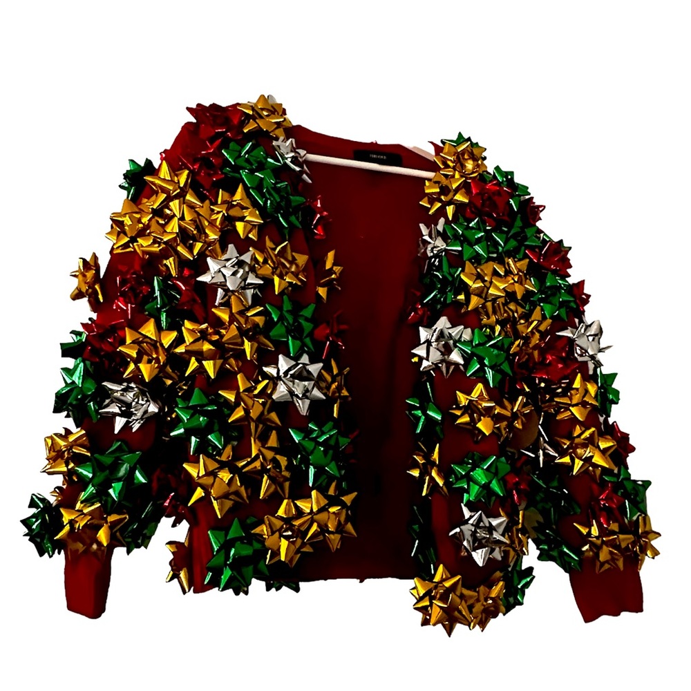 ❤️ NWT FUNNY UGLY CHRISTMAS SWEATER BOW CARDIGAN IN SIZE SMALL. WILL FIT MEDIUM
